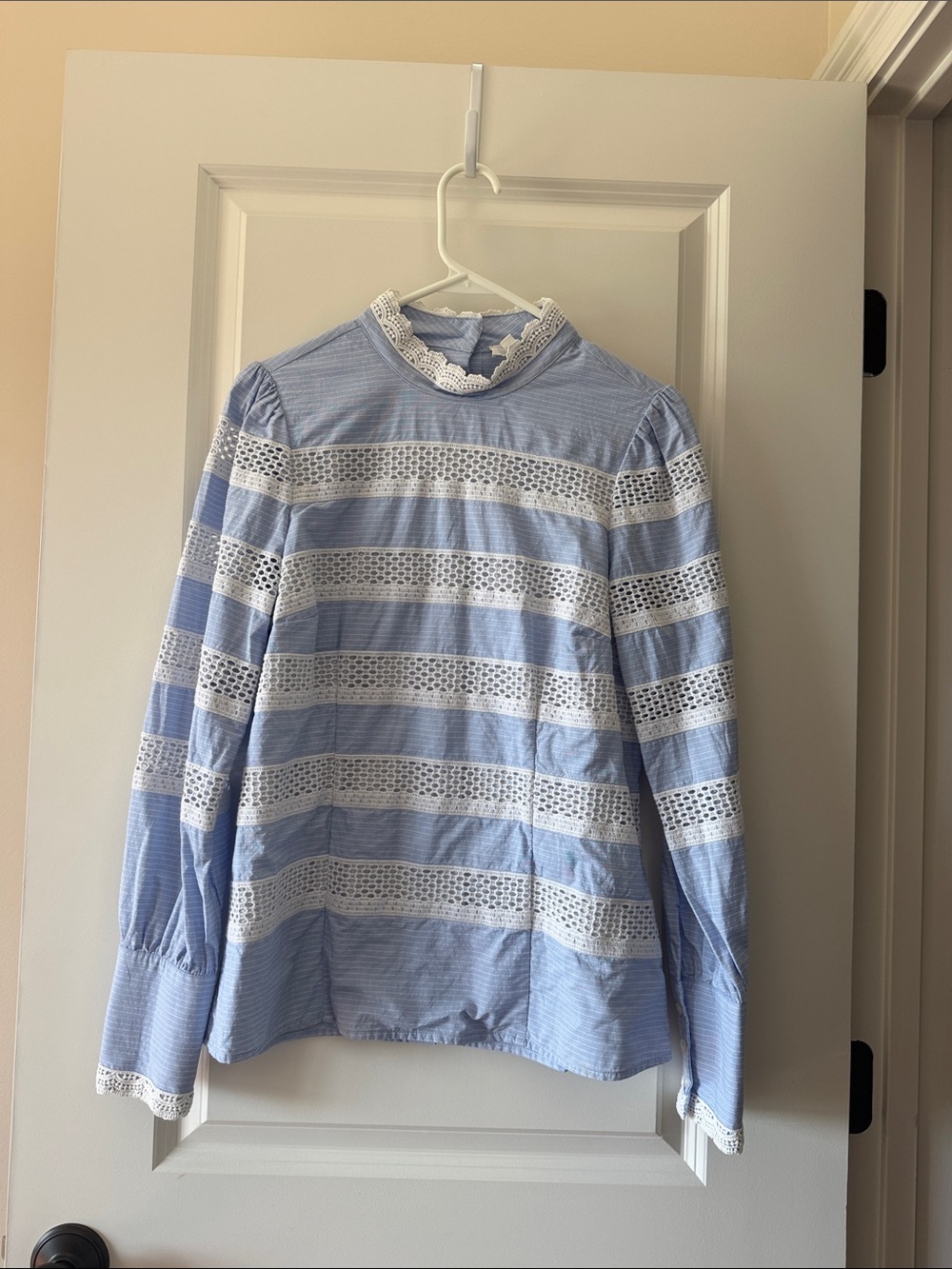 Light Blue Striped Lace-Inset High-Neck Blouse Size Large